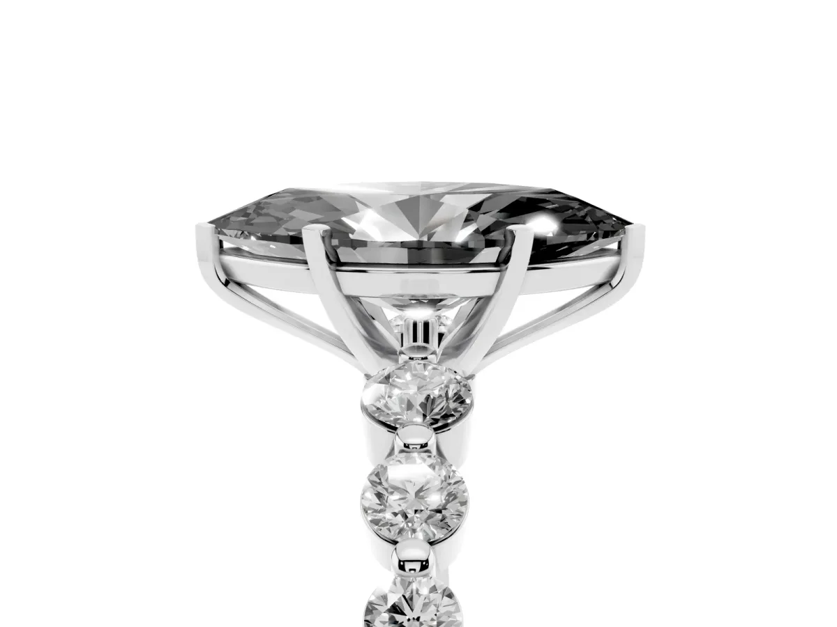 Fancy Black Marquise Cut Solitaire Diamond Ring with Pave Band and Four-Prong Setting Silver