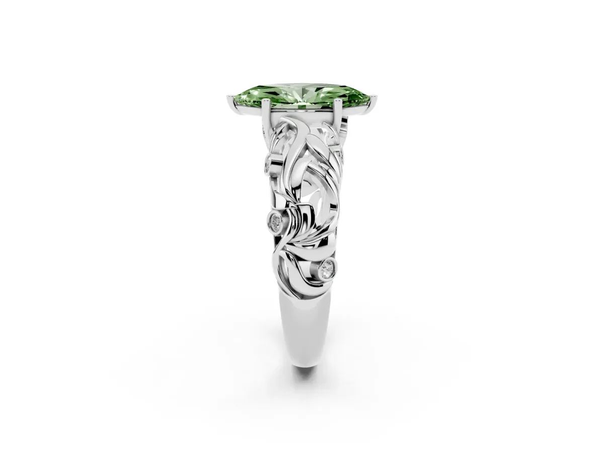 Fancy Green Marquise Cut Solitaire Diamond Leaf-Inspired Vine Band Ring with Prong Setting Silver
