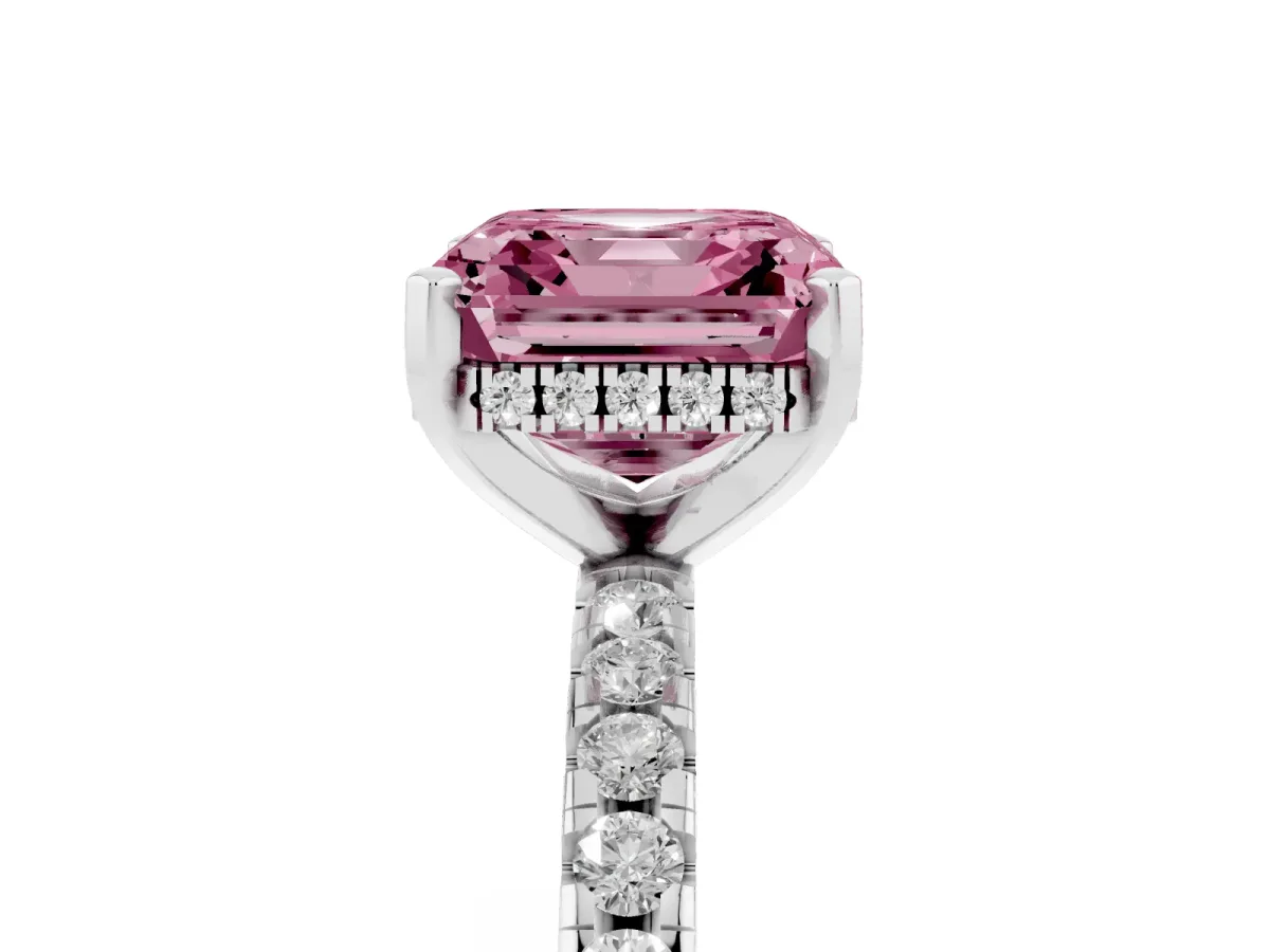 Fancy Pink Asscher Cut Diamond Solitaire Ring with Round Pavé Band and Four-Prong Setting Silver