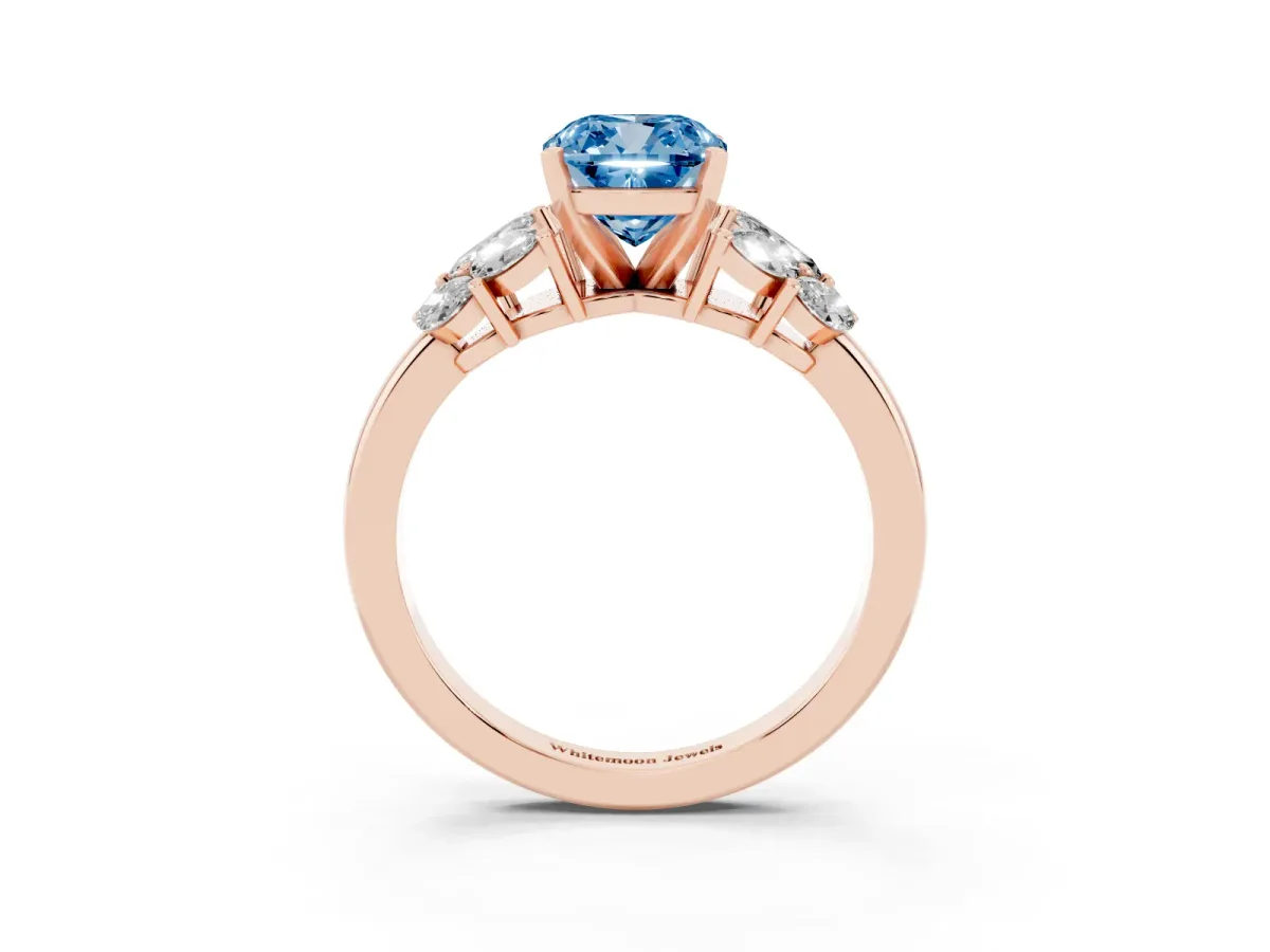 Fancy Blue Cushion Cut Diamond Cluster Leaf Design Ring with Prong Setting Rose gold