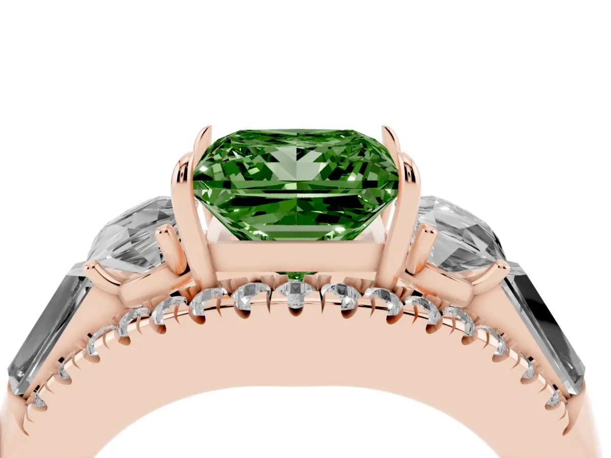 Fancy Green Three-Stone Princess Cut Diamond Engagement Ring with Pave Band and Prong Setting Rose gold