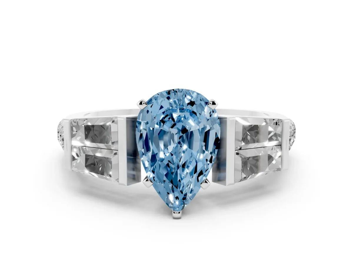 Fancy Blue Pear Cut Diamond Engagement Ring with Baguette Side Stones and Channel Set Band Platinum