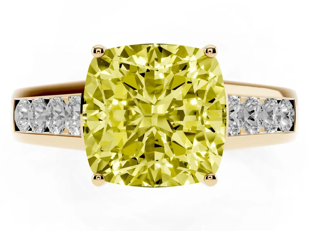 Fancy Yellow Cushion Cut Solitaire Channel-Set Diamond Engagement Ring with Four-Prong Setting Yellow gold