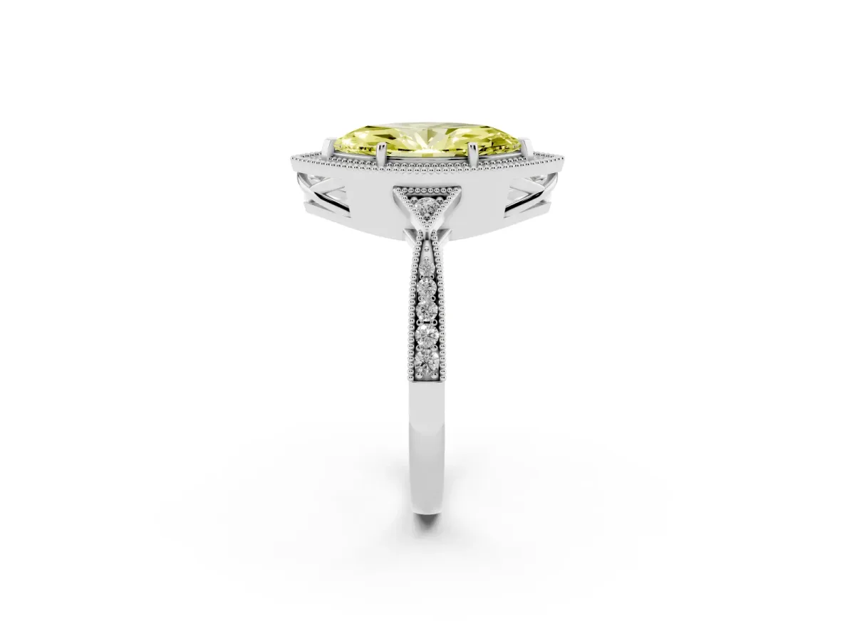 Fancy Yellow Marquise Cut Halo Round Diamond Milgrain Pave Engagement Ring Silver