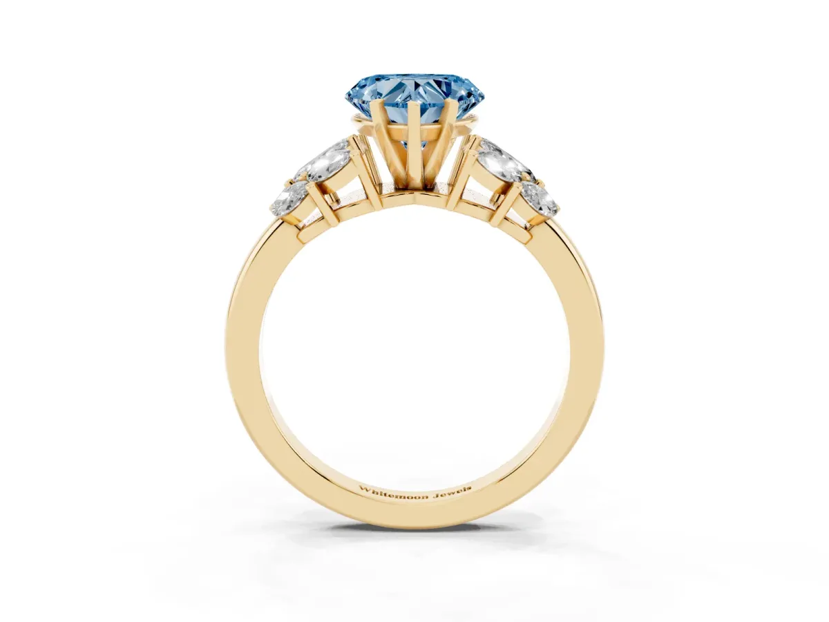 Fancy Blue Heart Cut Diamond Cluster Leaf Design Ring with Prong Setting Yellow gold