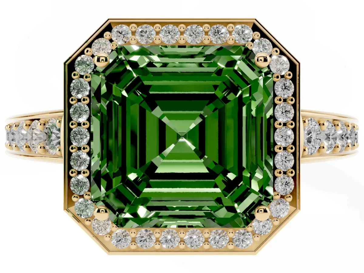 Fancy Green Asscher Cut Halo Pavé Diamond Engagement Ring with Bezel Setting Yellow gold