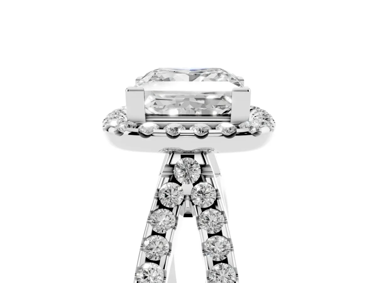Princess Cut Diamond Halo Ring with Split Shank Pavé Band and Prong Setting Silver