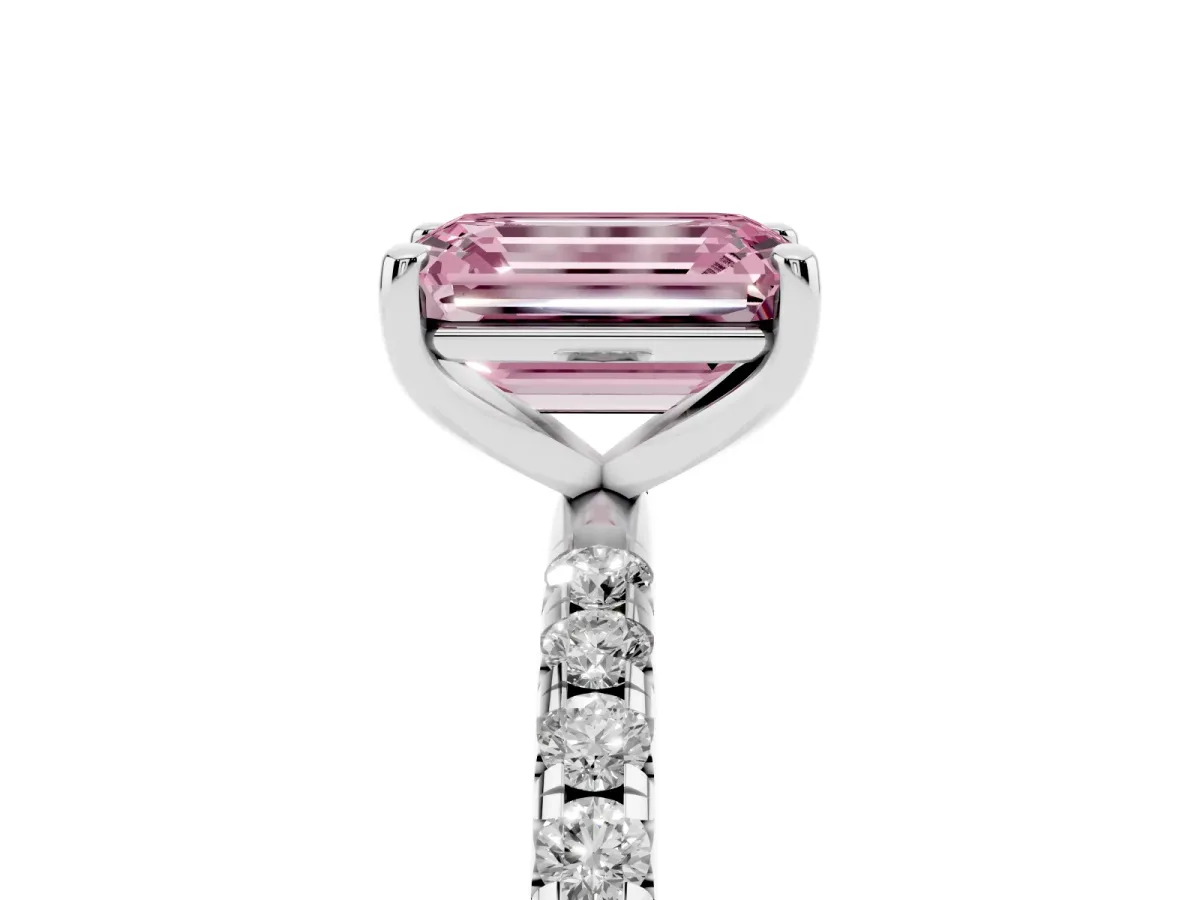 Fancy Pink Emerald Cut Cut Diamond Solitaire Ring with Micro Pave Band and Four Prong Setting Silver