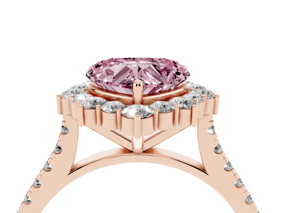 Fancy Pink Heart Cut Halo Diamond Ring with Pavé Band and Prong Setting Rose gold