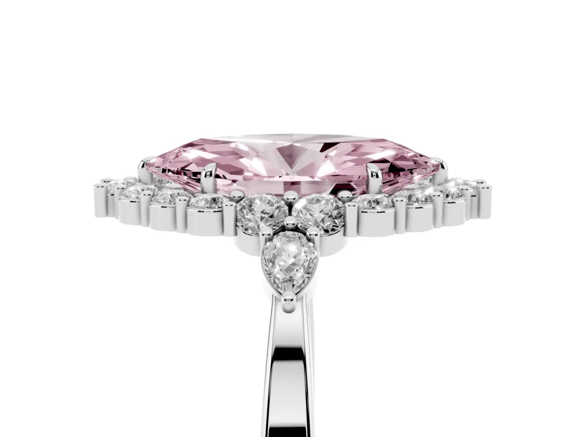 Fancy Pink Marquise Cut Diamond Halo Ring with Pear Side Stones and Prong Setting Silver