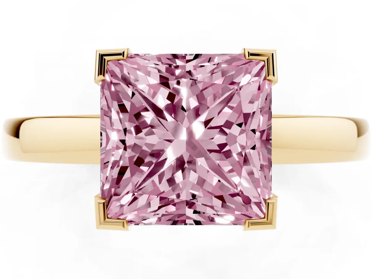 Fancy Pink Princess Cut Cut Solitaire Ring with Four-Prong Setting and Classic Band Yellow gold