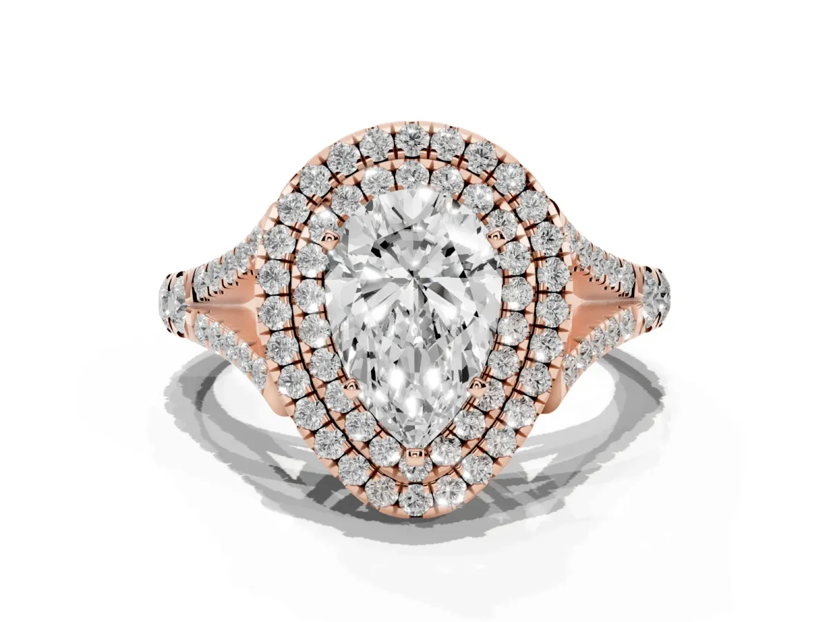 Pear Cut Cut Double Halo Split Shank Diamond Ring with Prong Setting Rose gold