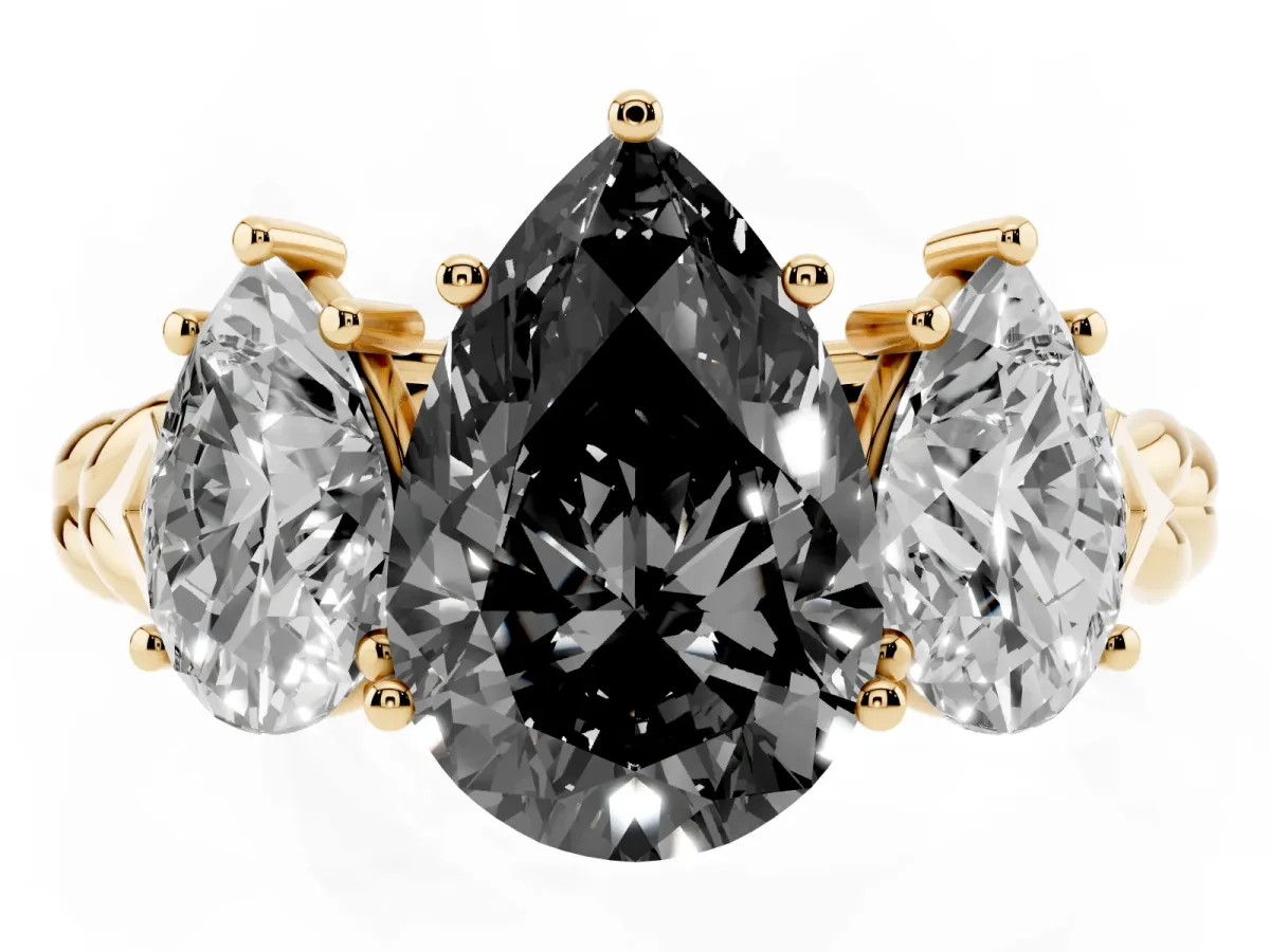 Fancy Black Three-Stone Pear Cut Diamond Braided Band Ring with Four-Prong Setting Yellow gold