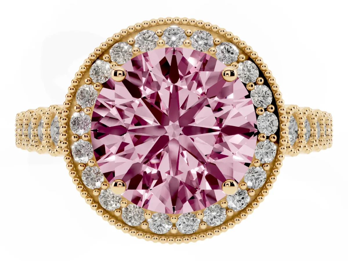 Fancy Pink Round Cut Halo Milgrain Solitaire with Bezel Set Side Stones and Pave Band Yellow gold