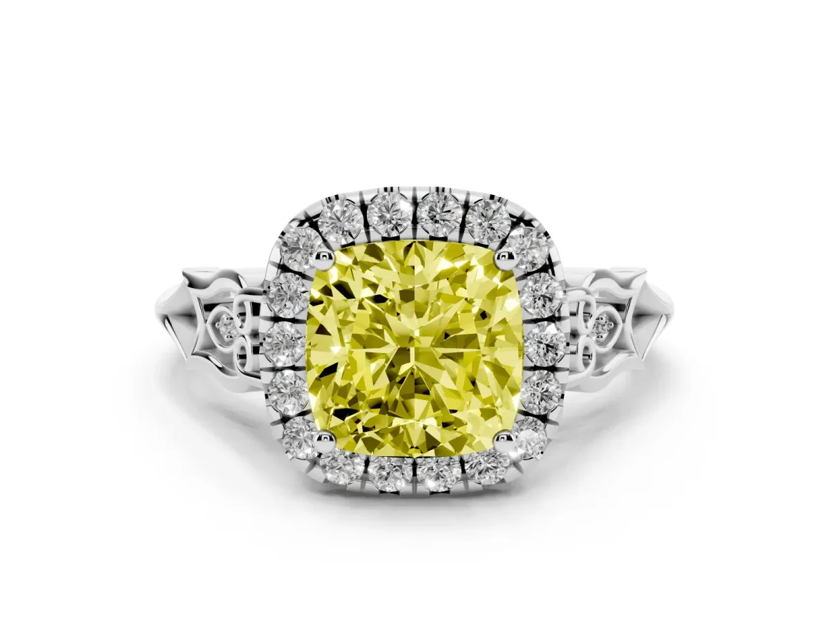 Fancy Yellow Cushion Cut Halo Diamond Engagement Ring with Filigree Band and Four-Prong Setting White gold