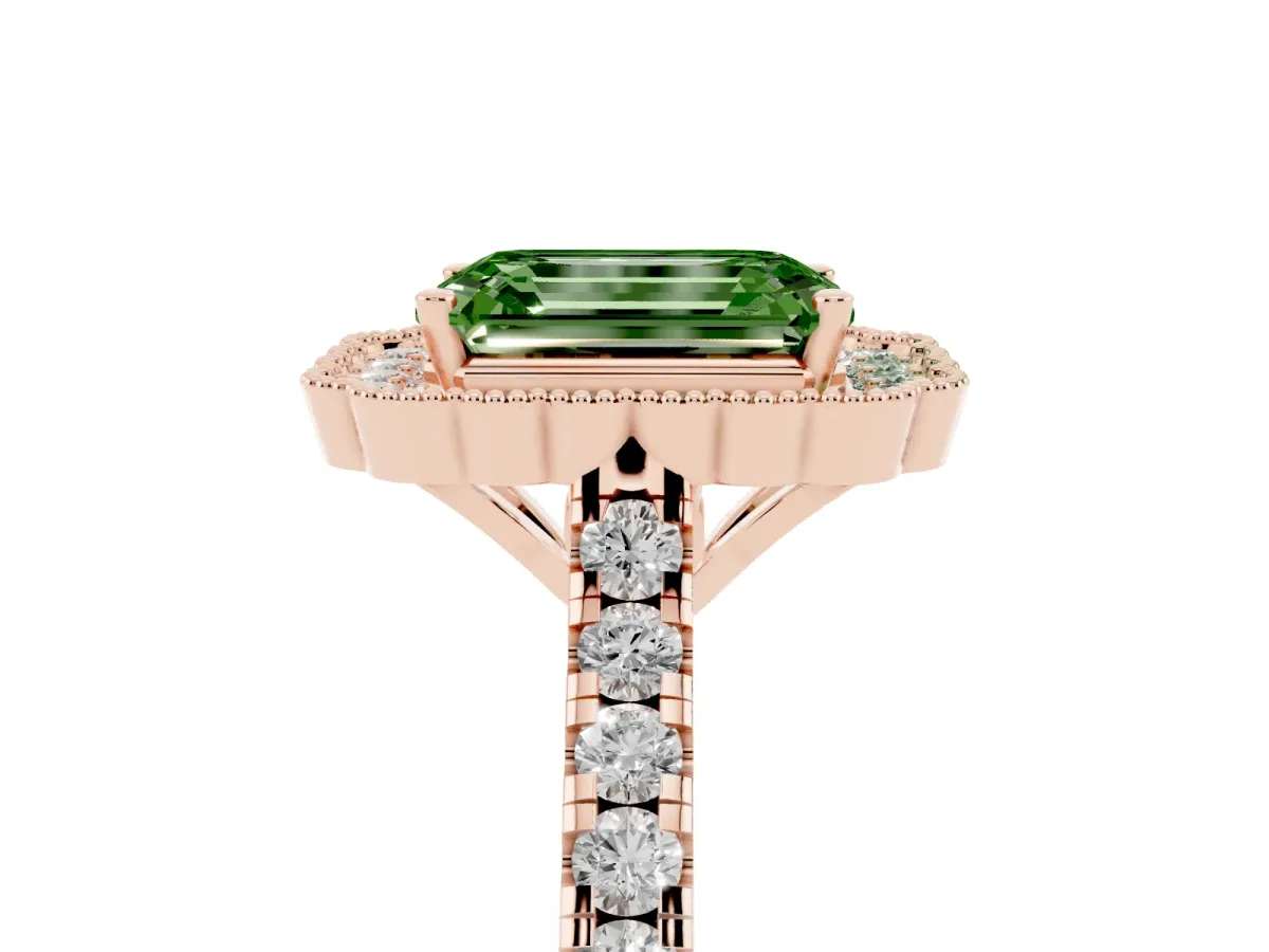 Fancy Green Emerald Cut Cut Diamond Milgrain Floral Halo Engagement Ring with Pavé Band Rose gold