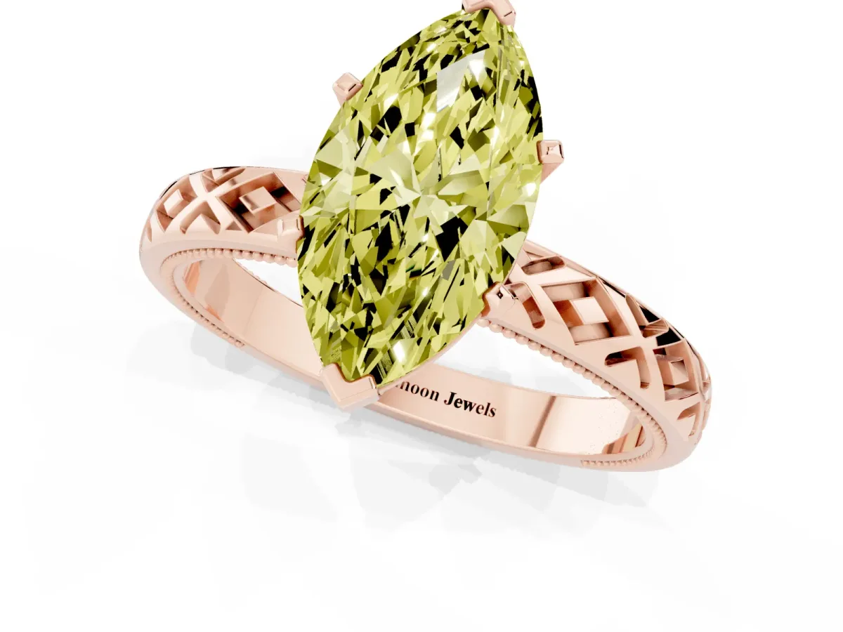 Fancy Yellow Marquise Cut Solitaire Diamond Ring with Milgrain and Black Enamel X Pattern Band Rose gold