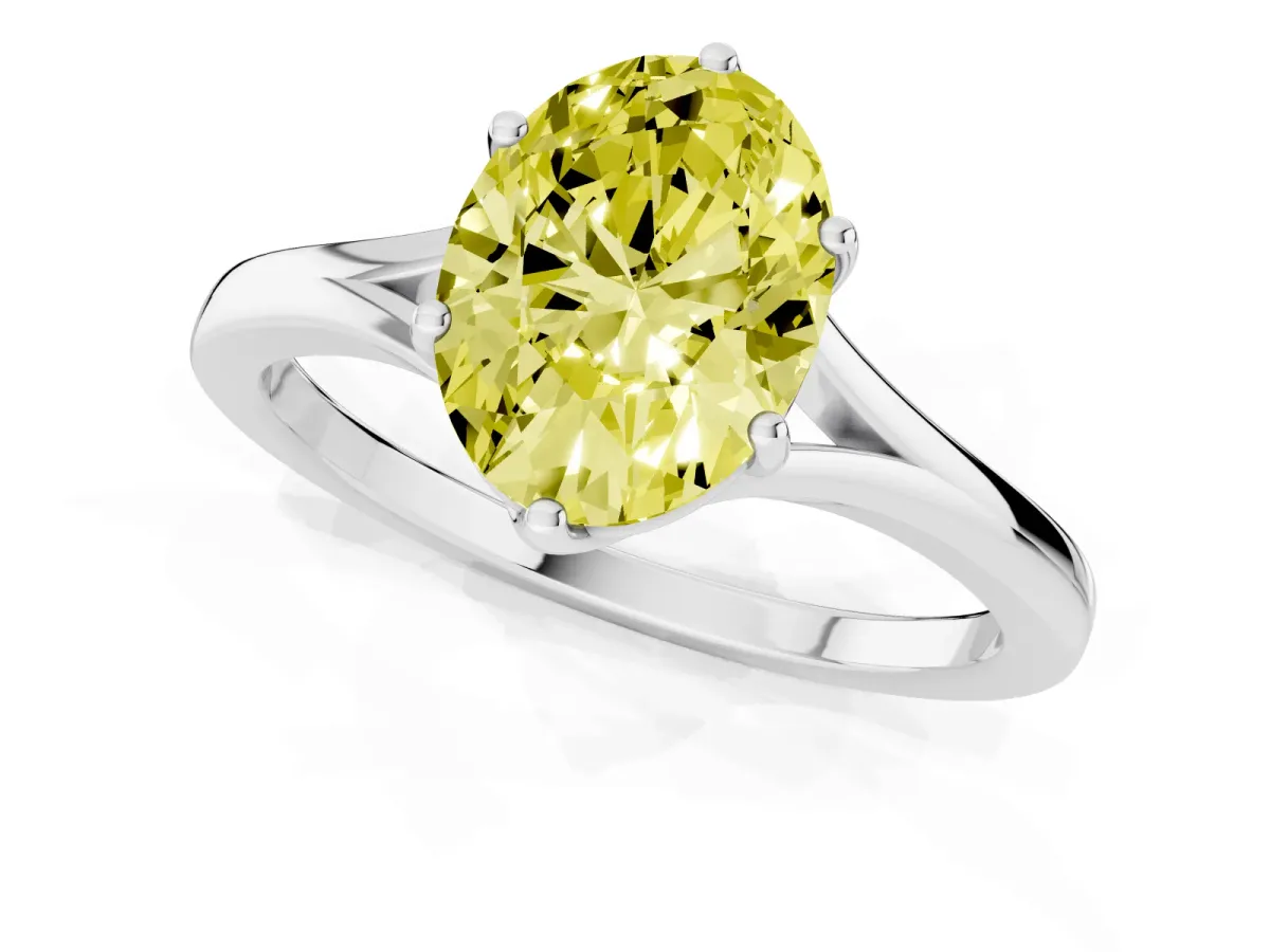 Fancy Yellow Oval Cut Solitaire Diamond Ring with Six-Prong Setting and Tapered Band Silver