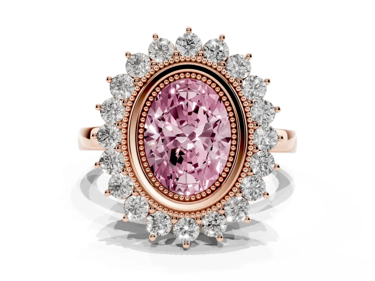 Fancy Pink Oval Cut Halo Diamond Ring with Milgrain Edge and Round Prong Setting Rose gold