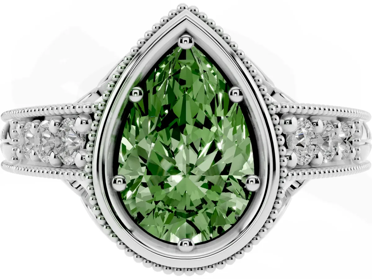 Fancy Green Bezel Set Pear Cut Diamond Milgrain Pave Engagement Ring Platinum
