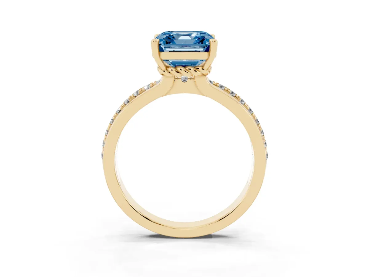 Fancy Blue Asscher Cut Solitaire Diamond Ring with Channel Set Band and Six-Prong Setting Yellow gold