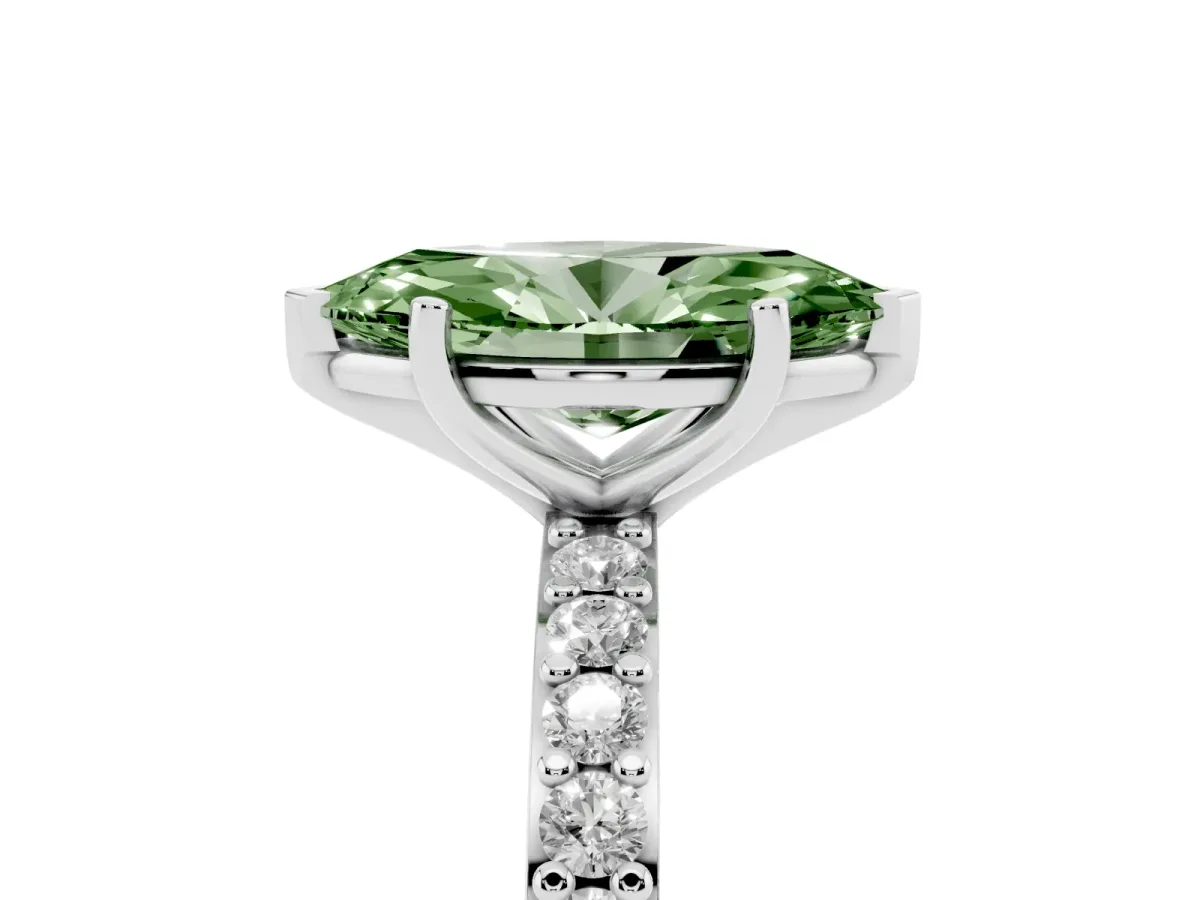 Fancy Green Marquise Cut Cut Diamond Solitaire with Pave Band and Four-Prong Setting Silver