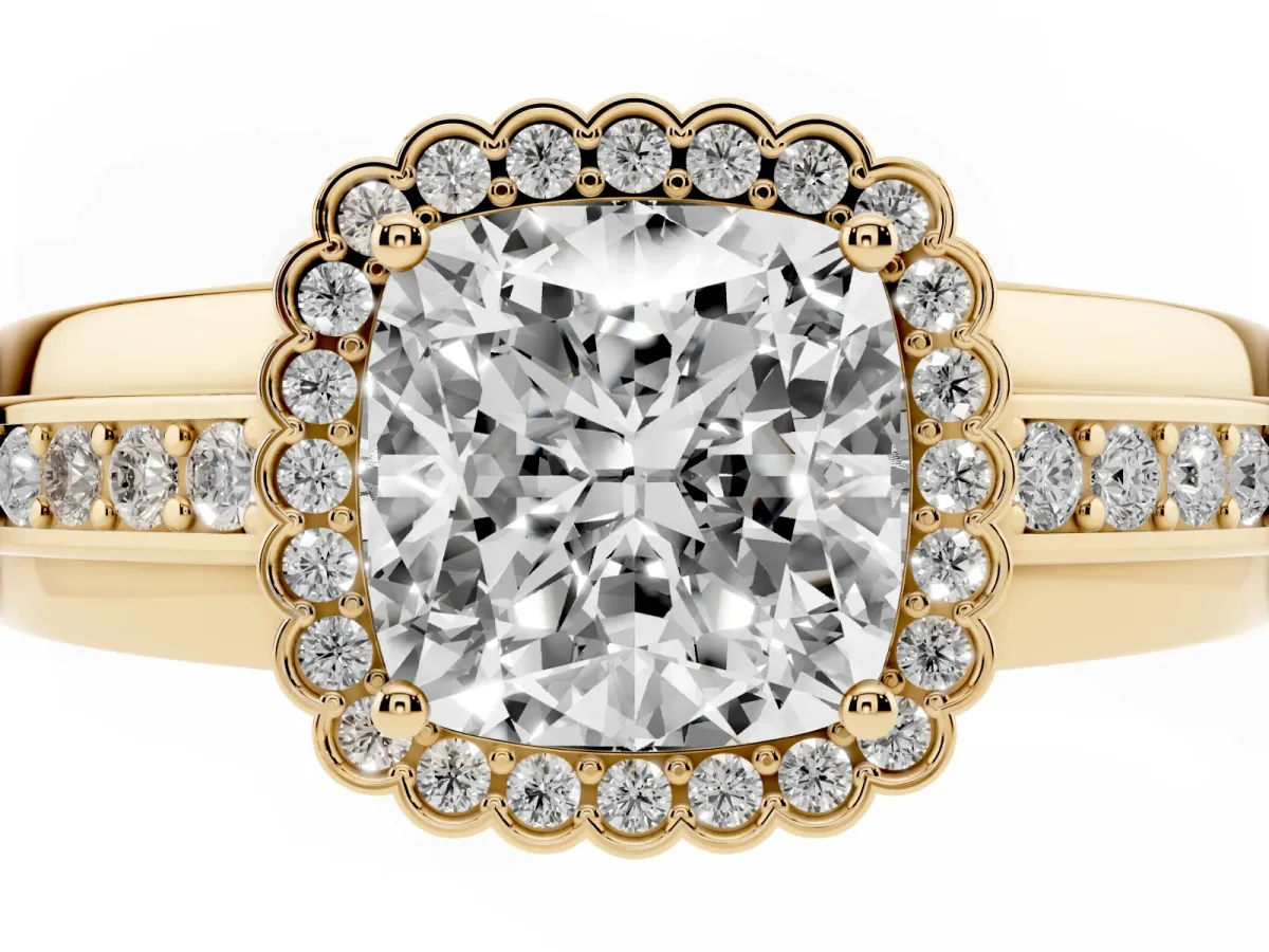 Cushion Cut Cut Halo Pave Band Four-Prong Ring Yellow gold