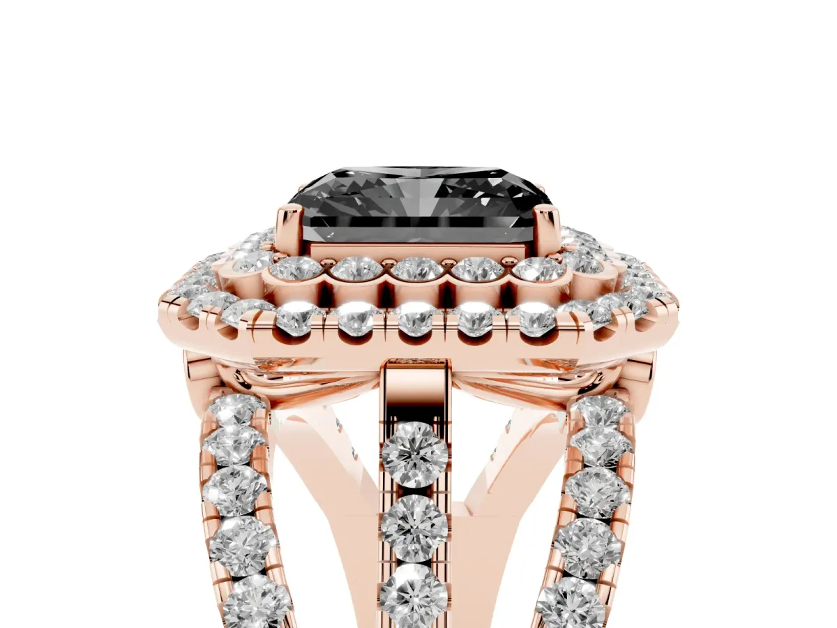 Fancy Black Radiant Cut Diamond Double Halo Ring with Round Pavé Split Shank and Prong Setting Rose gold