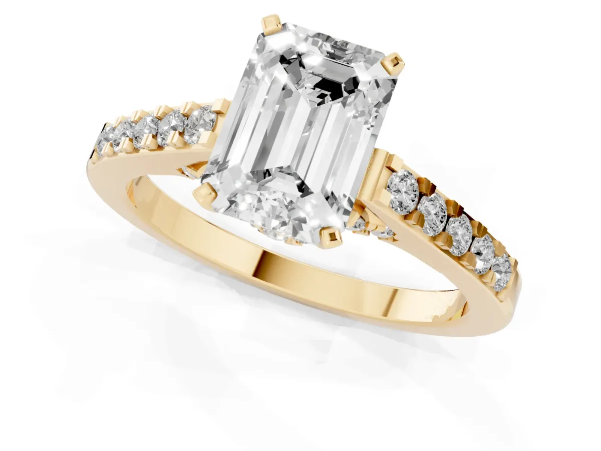 Emerald Cut Diamond Solitaire Ring with Crossover Gallery and Round Pavé Band Yellow gold