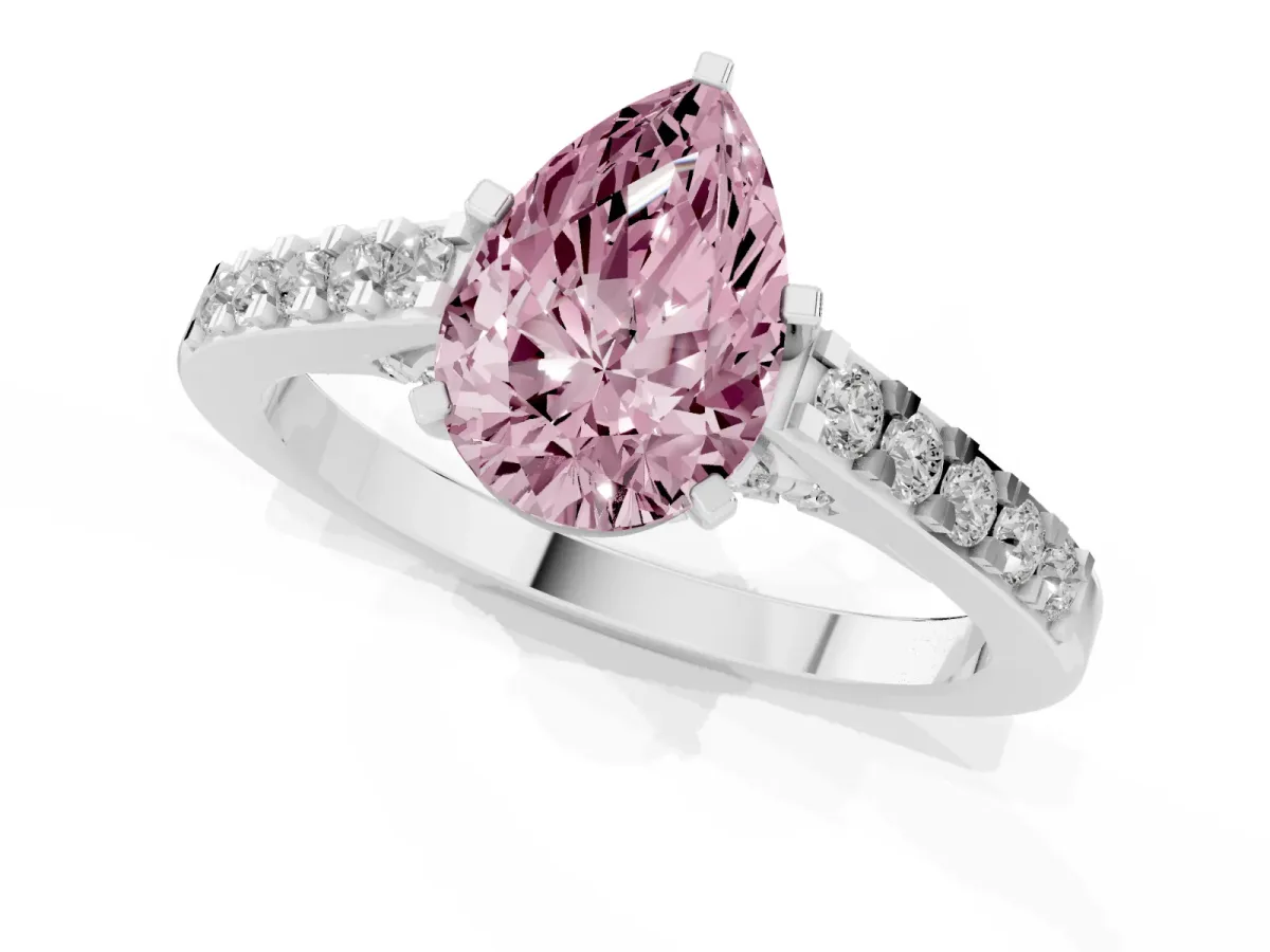 Fancy Pink Pear Cut Diamond Solitaire Ring with Crossover Gallery and Round Pavé Band Platinum