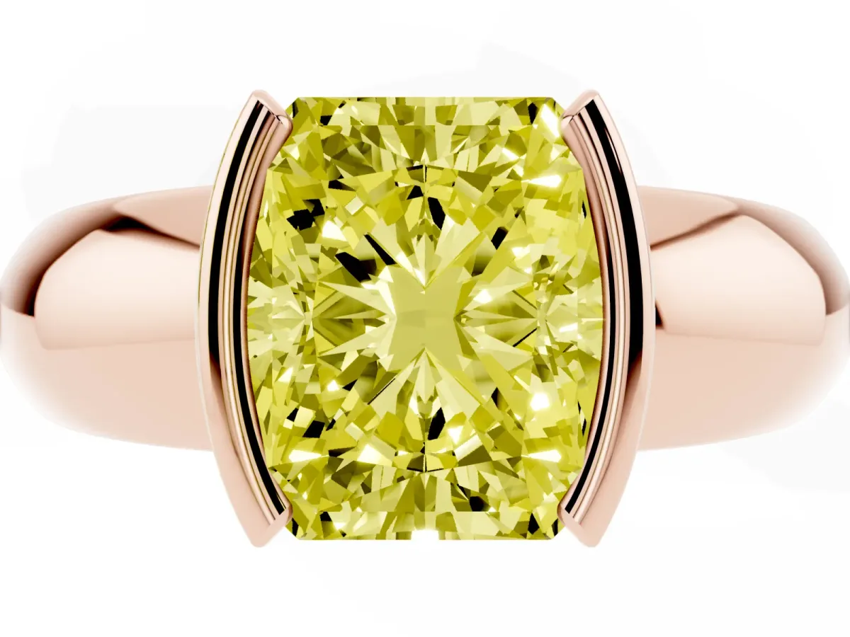 Fancy Yellow Radiant Cut Solitaire Tension Set Diamond Ring with Wide Band Rose gold