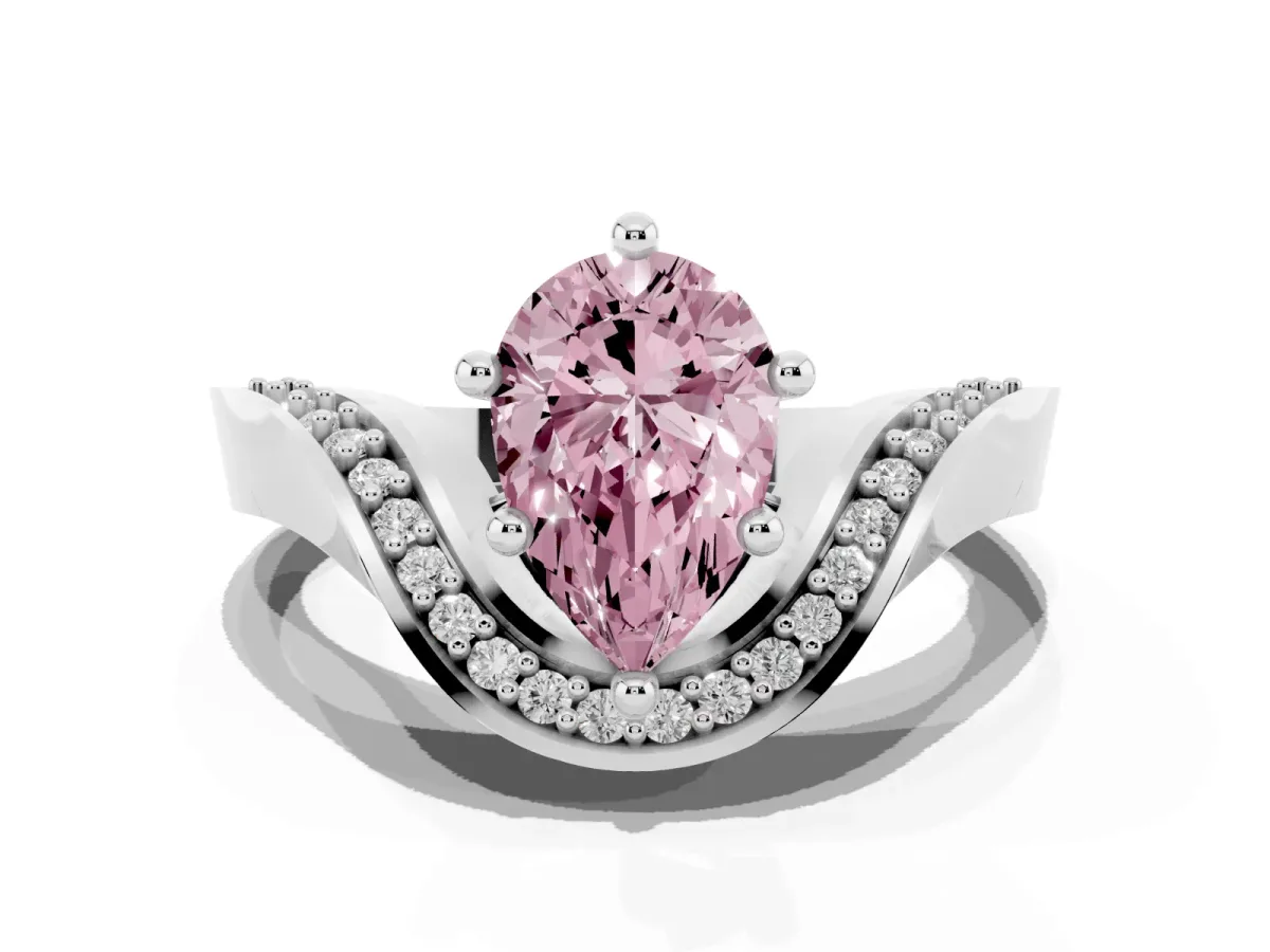 Fancy Pink Pear Cut Solitaire Diamond Engagement Ring with Pave Band and Four-Prong Setting Platinum