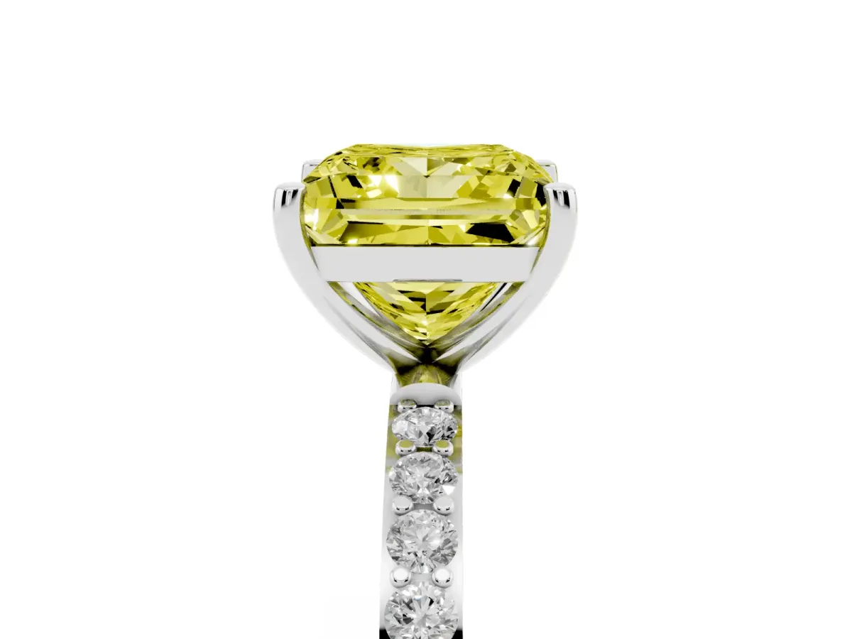 Fancy Yellow Princess Cut Diamond Solitaire Ring with Round Pavé Shoulders and Prong Setting Silver