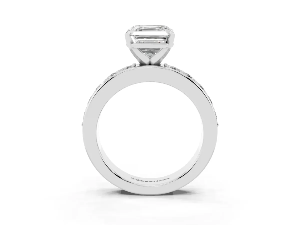 Asscher Cut Diamond Engagement Ring with Channel Set Round Band and Prong Setting White gold