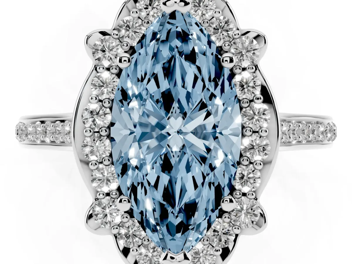 Fancy Blue Marquise Cut Halo Round Diamond Pave Band with Four-Prong Setting White gold