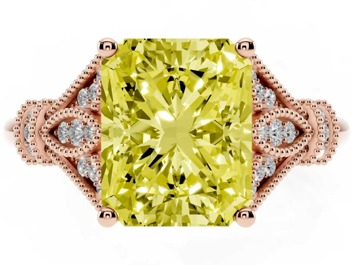 Fancy Yellow Radiant Cut Diamond Solitaire Ring with Floral Filigree and Pave Accents Rose gold
