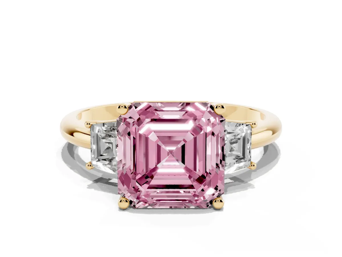 Fancy Pink Asscher Cut Diamond Three-Stone Ring with Trapezoid Side Stones and Prong Setting Yellow gold