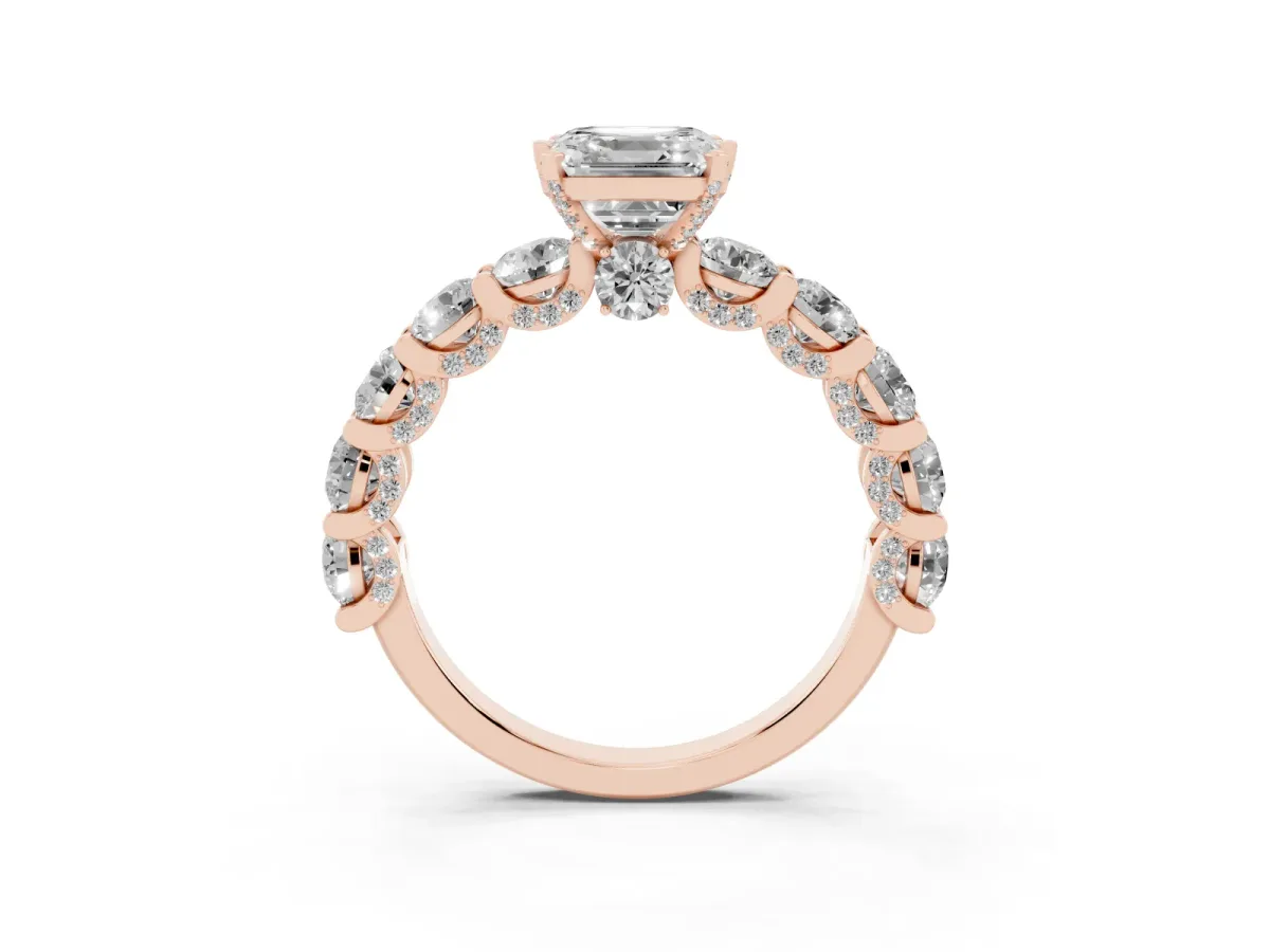 Asscher Cut Diamond Side Stone Engagement Ring with Four-Prong Setting Rose gold