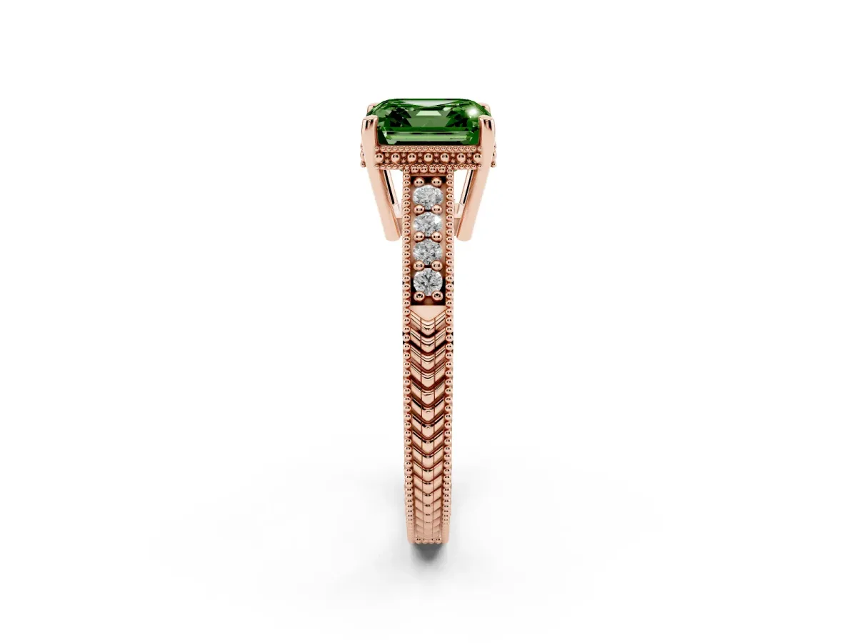 Fancy Green Asscher Cut Solitaire Pavé Diamond Milgrain Engagement Ring with Four-Prong Setting Rose gold
