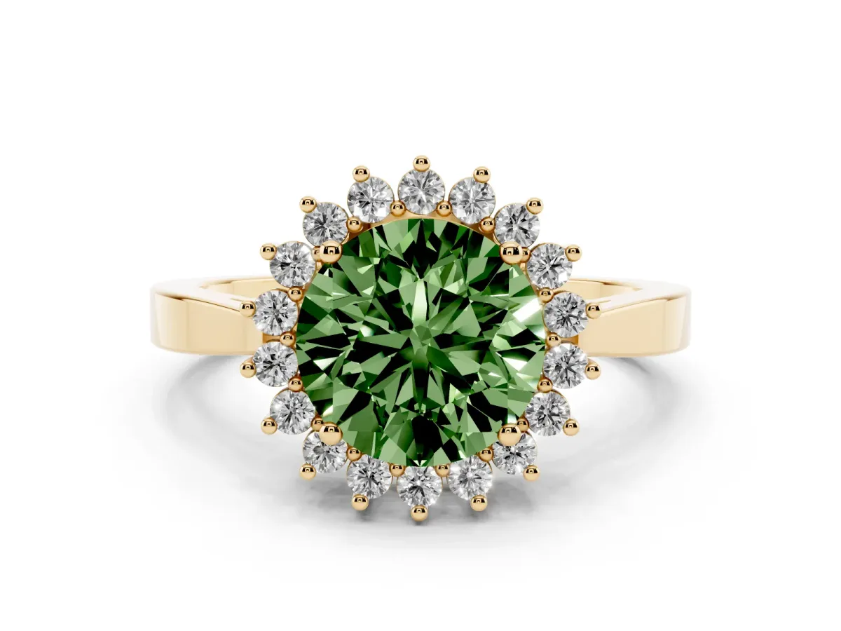 Fancy Green Round Cut Cut Diamond Halo Ring with Round Brilliant Halo and Solitaire Band Yellow gold