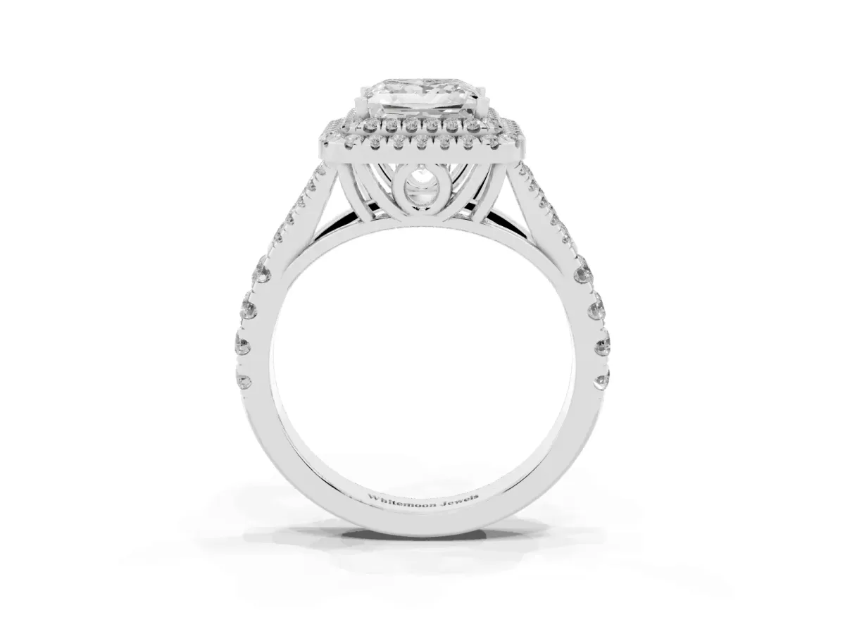 Princess Cut Cut Double Halo Split Shank Diamond Ring with Prong Setting Silver
