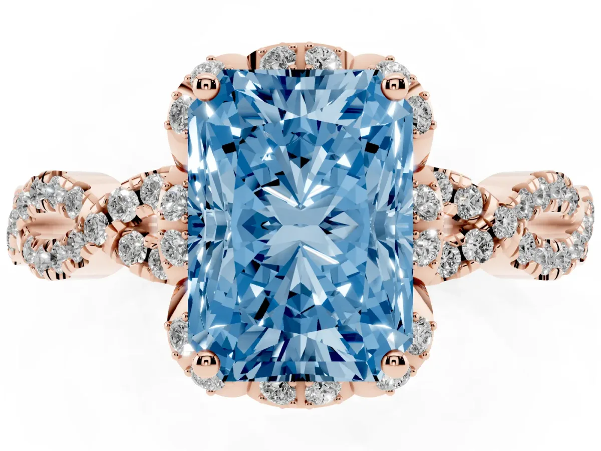 Fancy Blue Radiant Cut Halo Twist Band Solitaire Ring with Six-Prong Setting Rose gold