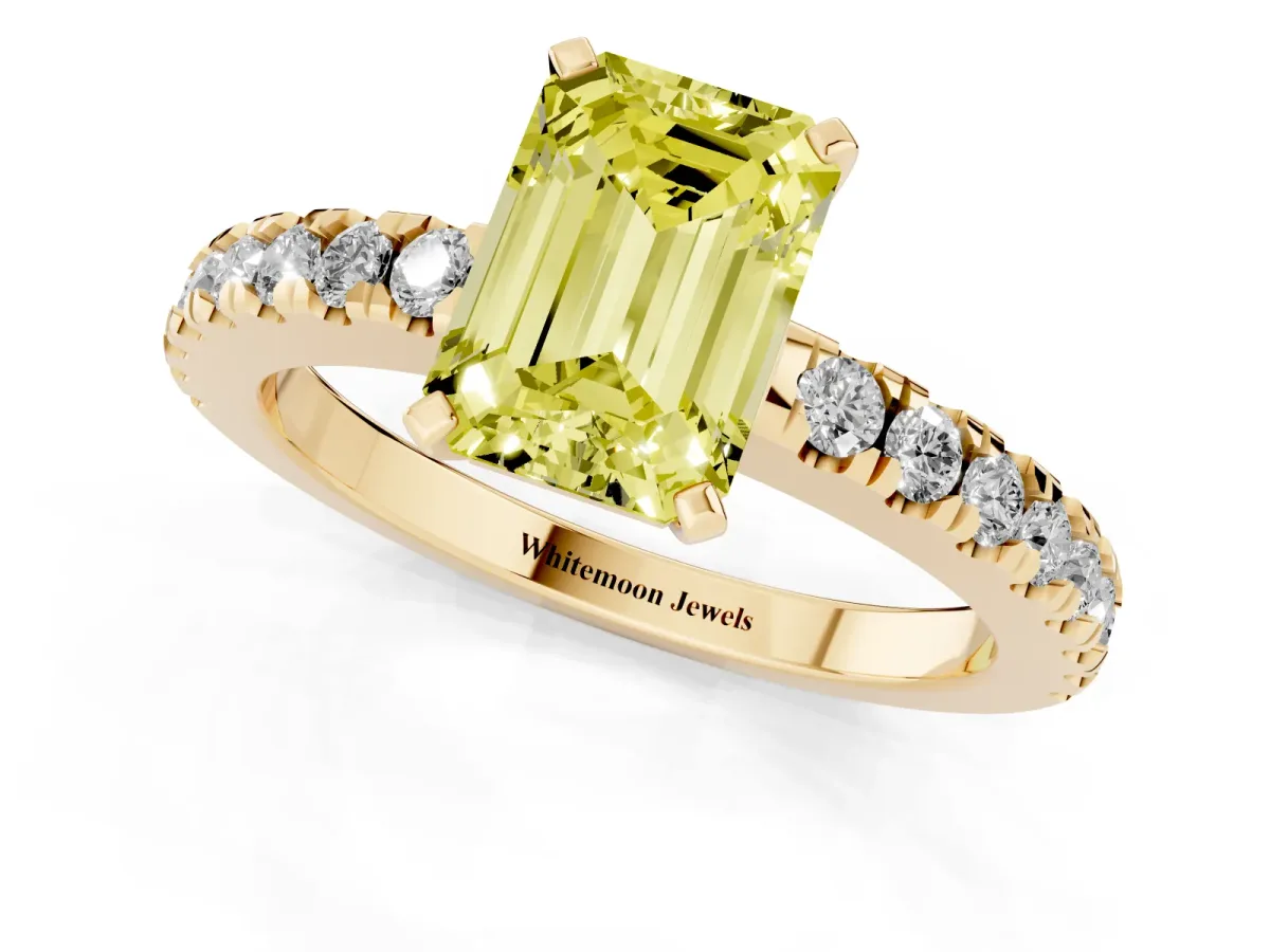 Fancy Yellow Emerald Cut Solitaire Diamond with Pavé Band and Four-Prong Setting Yellow gold