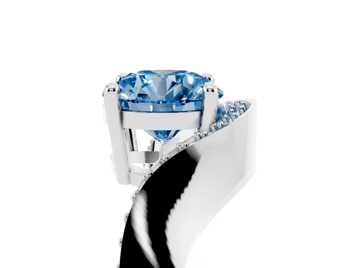Fancy Blue Round Cut Solitaire Diamond Engagement Ring with Pave Band and Four-Prong Setting Platinum