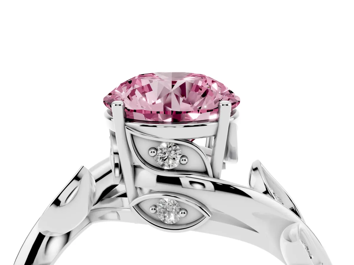 Fancy Pink Round Cut Solitaire Twist Engagement Ring with Leaf Accents and Prong Setting Silver