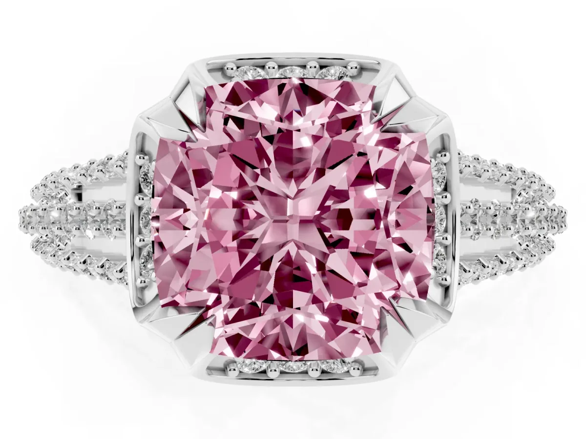 Fancy Pink Cushion Cut Solitaire Pave Split Shank Ring with Four-Prong Setting Silver