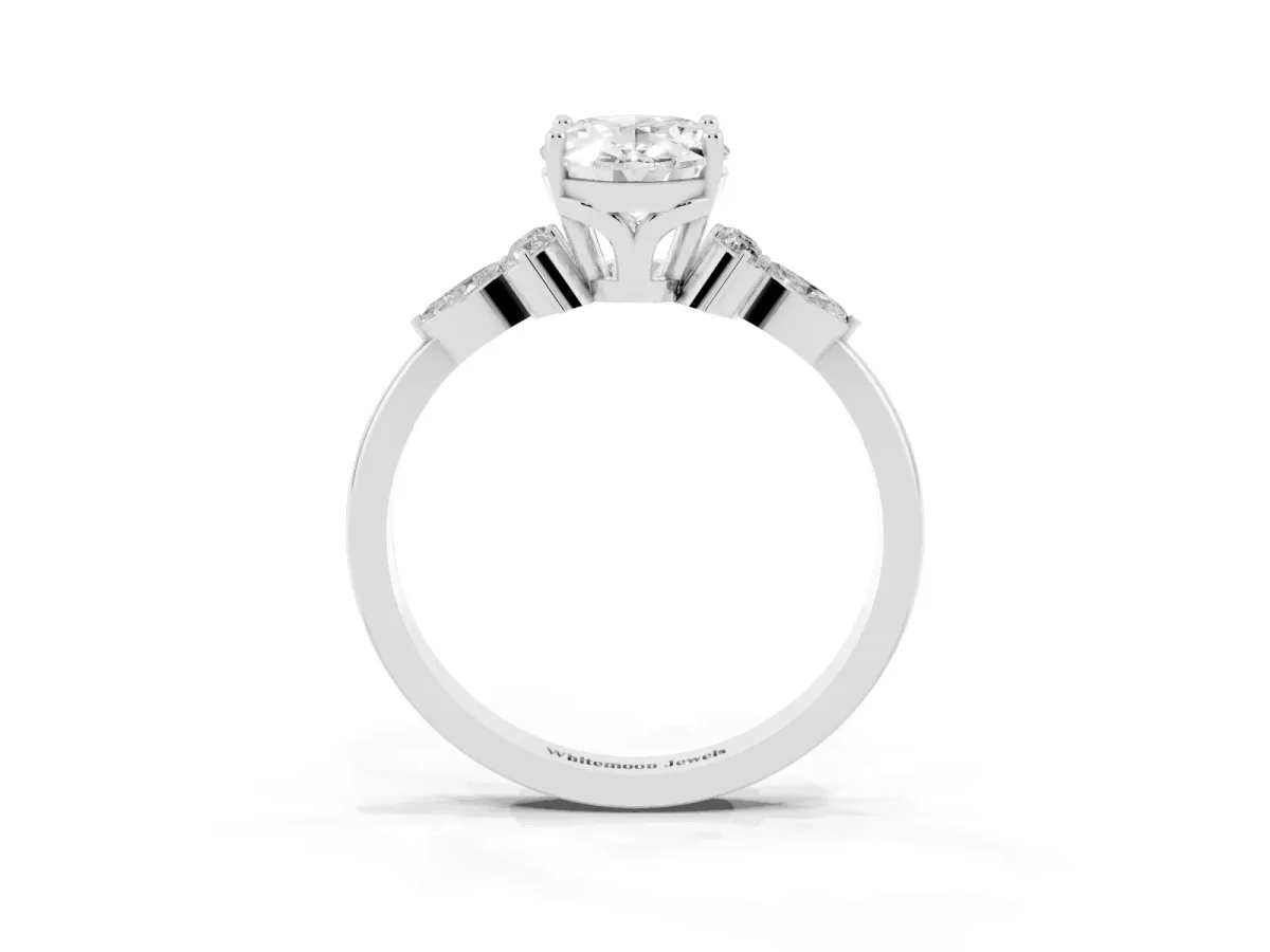 Oval Cut Brilliant Diamond Solitaire Ring with Pear Side Stones and Four-Prong Setting Silver