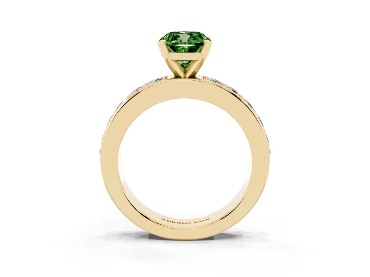 Fancy Green Cushion Cut Diamond Engagement Ring with Channel Set Round Band and Prong Setting Yellow gold
