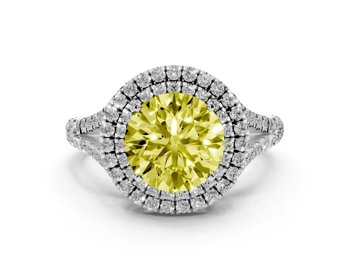 Fancy Yellow Double Halo Round Cut Diamond Split Shank Engagement Ring with Four-Prong Setting Silver