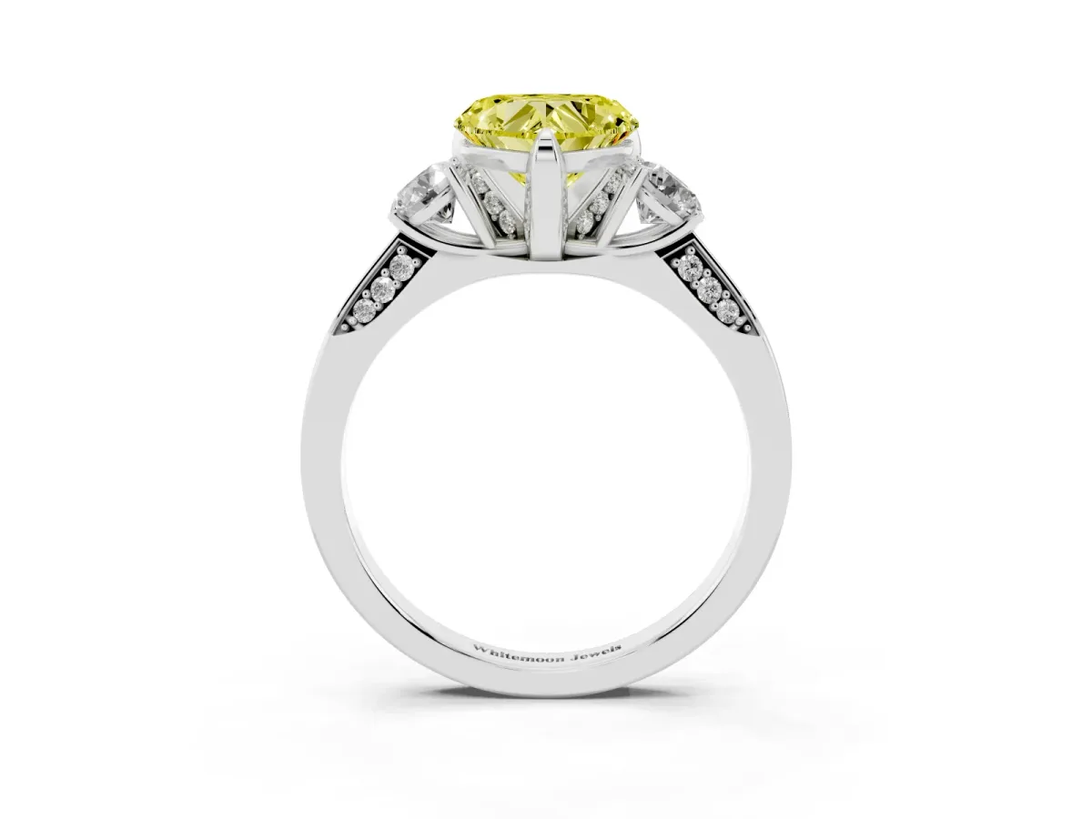 Fancy Yellow Heart Cut Brilliant Three-Stone Diamond Ring with Pavé Band and Four-Prong Setting Silver